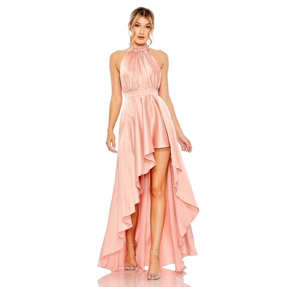 Mac Duggal 49664 Ieena Rose Pink Satin High Low Halter Gown Dress Size 0 NWT